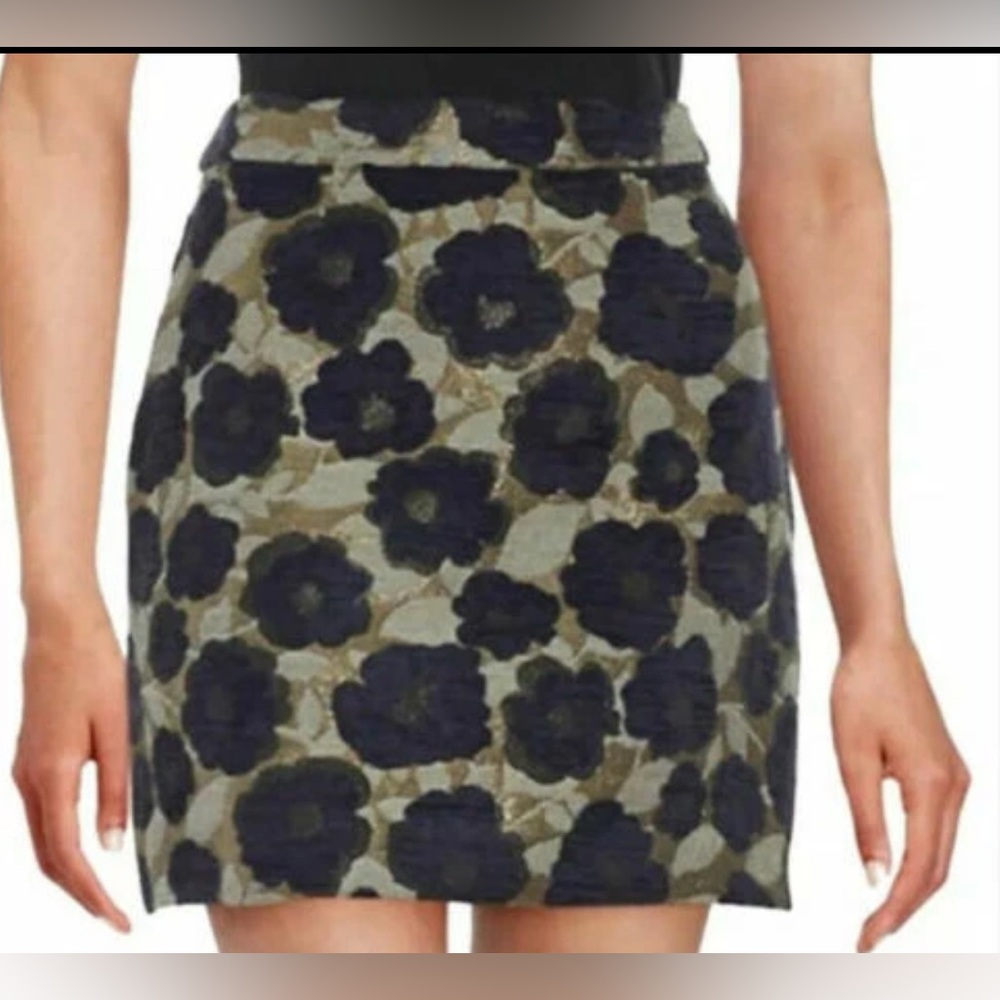 Sam Edelman Metallic Floral Jacquard Straight Pencil Mini Skirt, Navy Gold